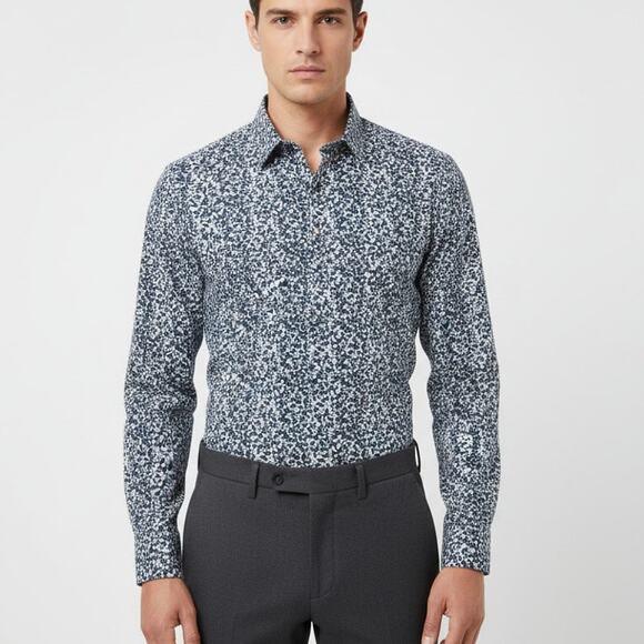 H&M Premium 100% Cotton Slim Fit Button Down Shirt Allover Print Mens Size Large - Picture 1 of 16